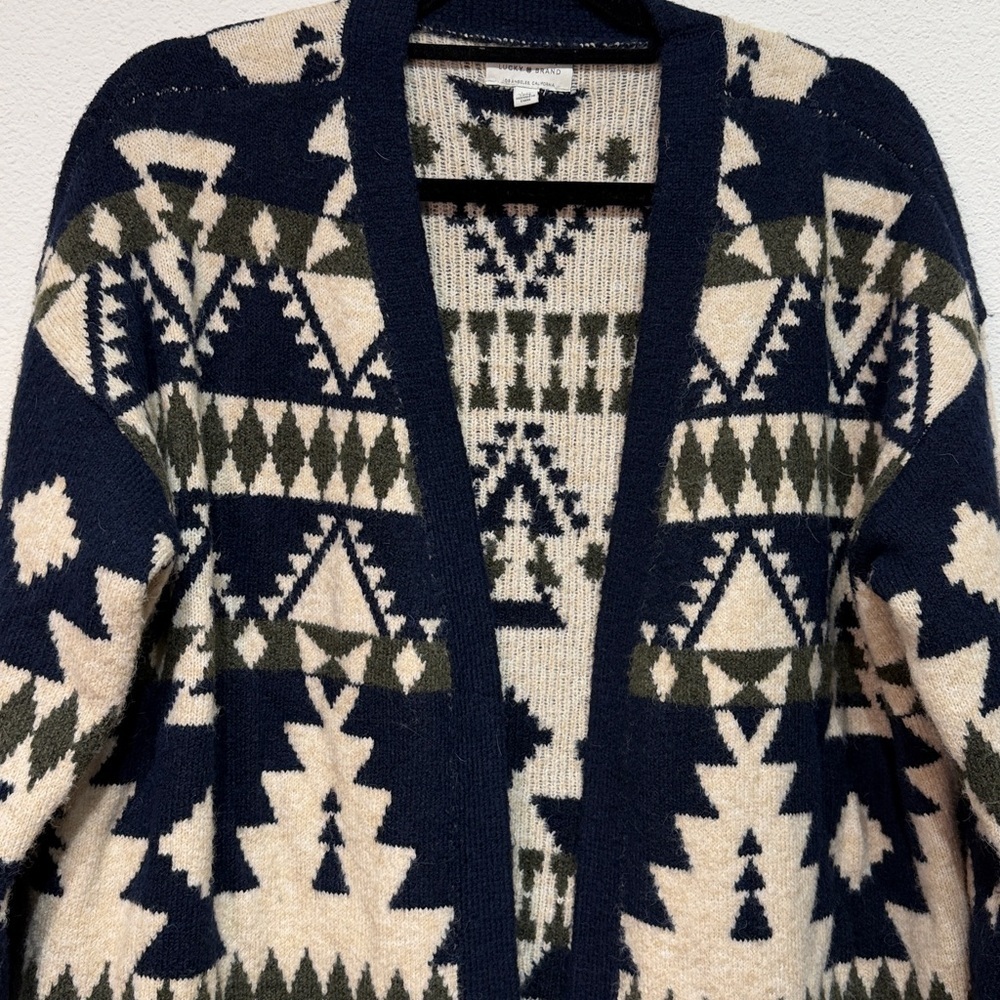 Lucky Brand Beige and Navy Open-Front Aztec Cardigan Sweater size Large